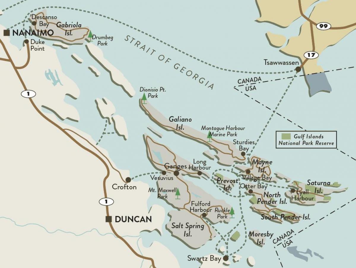 мапа острва Ванкувер и острва Галф 