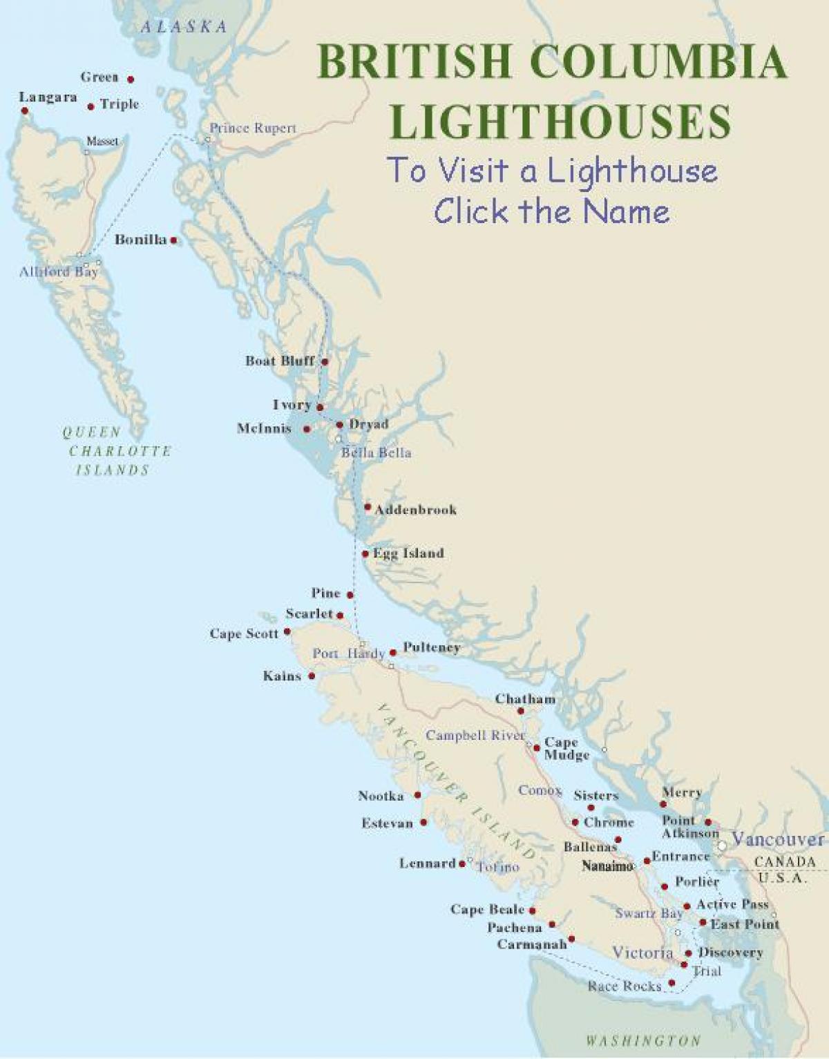Мапа острва Ванкувер светионици