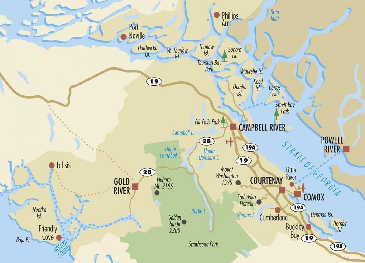 Кембел Ривер на мапи острва Ванкувер 